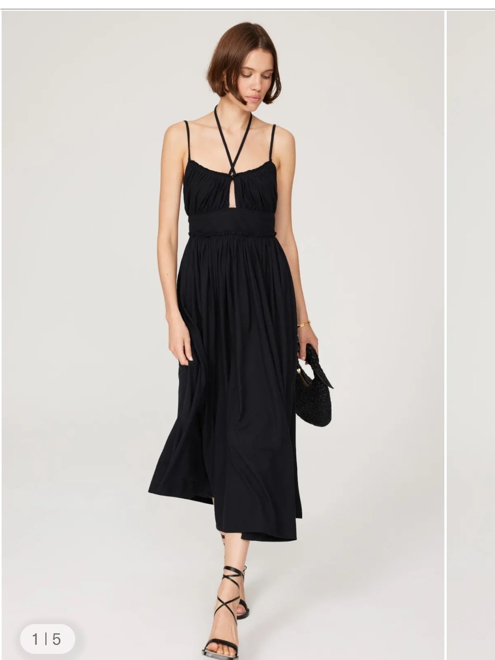 Ulla Johnson Black Strappy Midi Dress with Gathered Waist